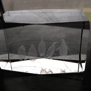 Crystal Block Paperweight with Etched Penguin Scene - Clear